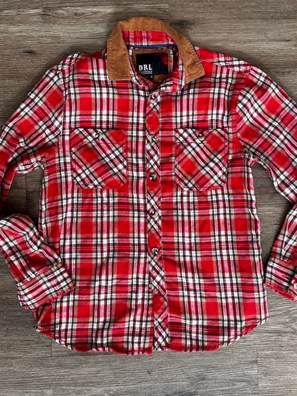 Essentials Red Plaid Flannel Shirt with Tan Corduroy Trim